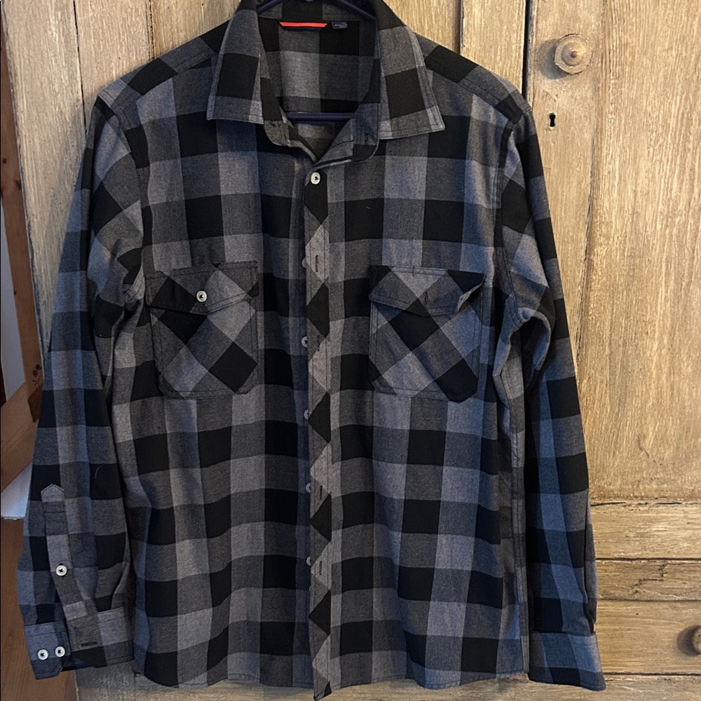 Black and Gray Plaid Casual Flannel Button Down Shirt medium design by Italy
